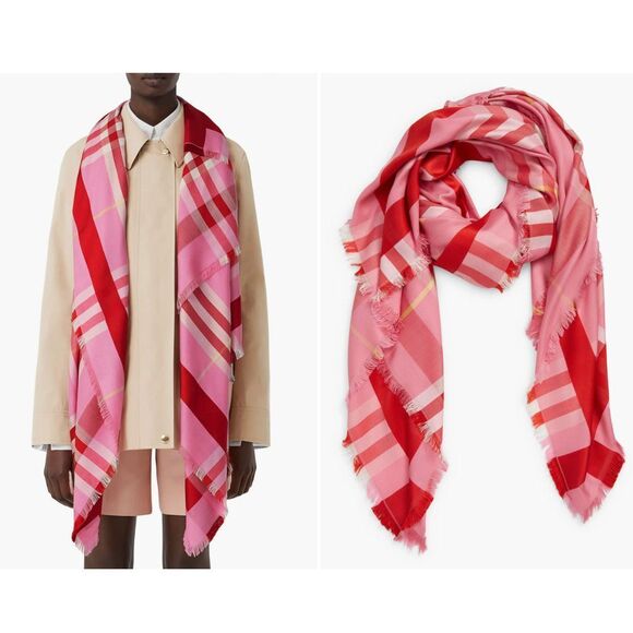 Burberry Giant Check Silk & Wool Square Scarf Bubblegum Pink